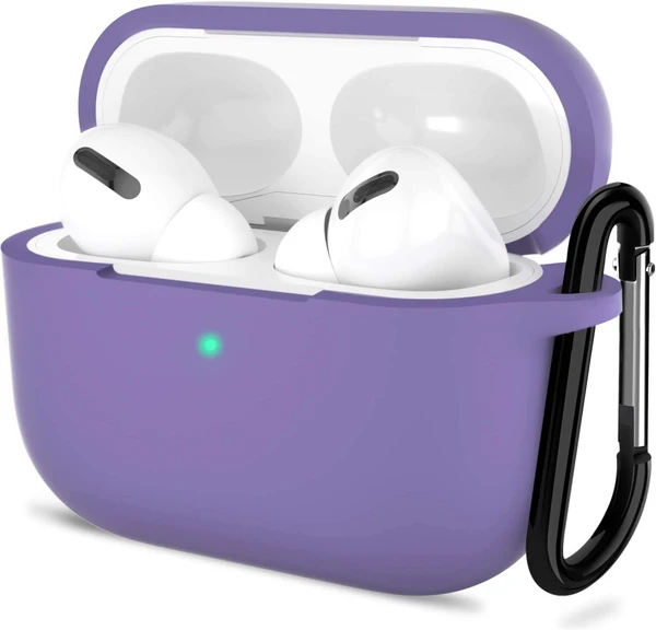 AirPods Pro Case Cover | Soft Silicone Protective Case for AirPods Pro | with Keychain Hook (Purple) - Rocky